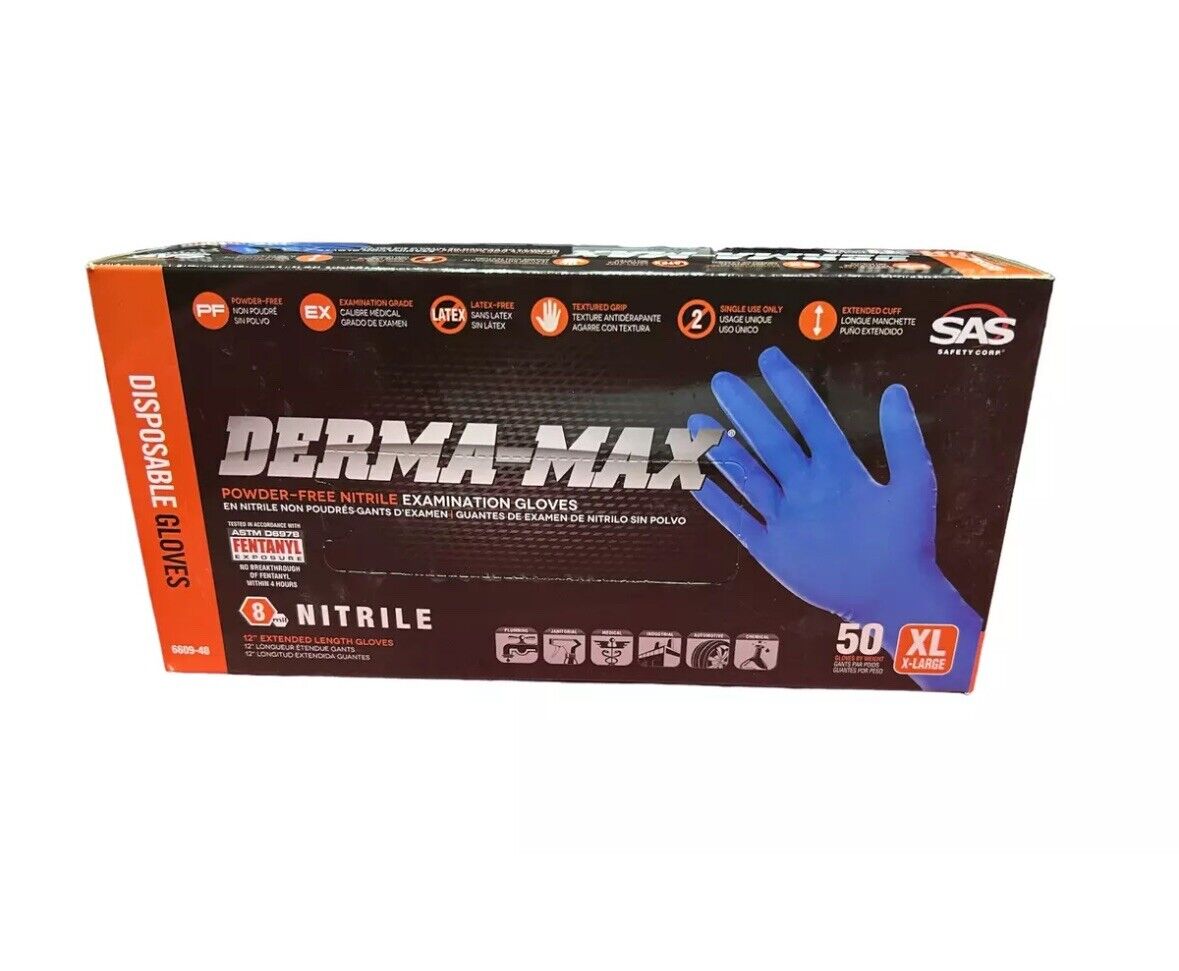 SAS Safety 660940 Derma-Max Powder-Free Nitrile Disposable Glove X-Large 50 qty